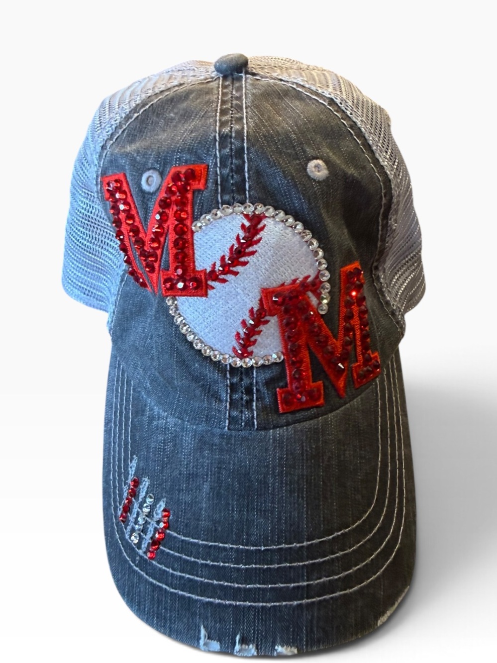 MOM Baseball/Softball Hat/Cap in Gray and Red Bejewled Design Adjustable Fit